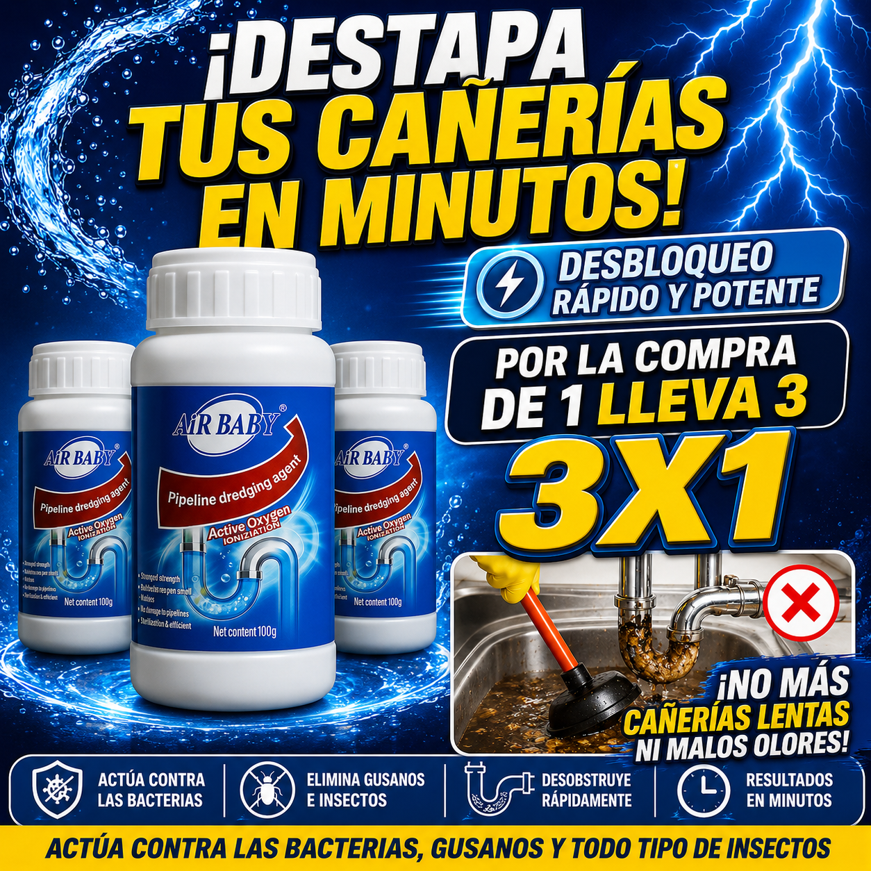 Air Baby Acción profunda contra atascos, bacterias y malos olores.
