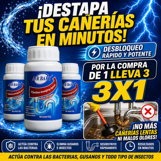 Air Baby Acción profunda contra atascos, bacterias y malos olores.